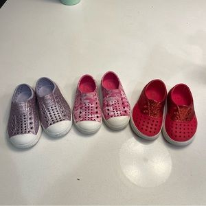 Natives size 6 - three pairs! Purple sparkle pink camo red sparkle